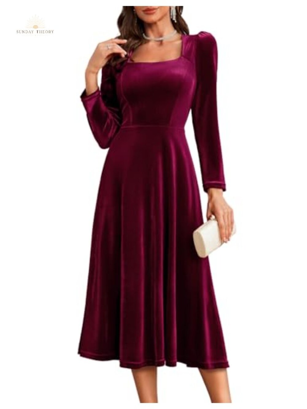 BeryLove Velvet Midi Dress Long Sleeve Square Neck Wedding Guest Formal - No